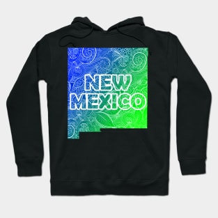 Colorful mandala art map of New Mexico with text in blue and green Hoodie